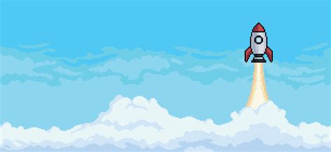 Pixel Art Background With Rocket Flying In Sky With Clouds Background