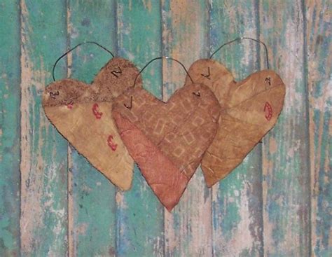 3 Primitive Heart Ornaments Handmade By Prairie Primitives Folk Art