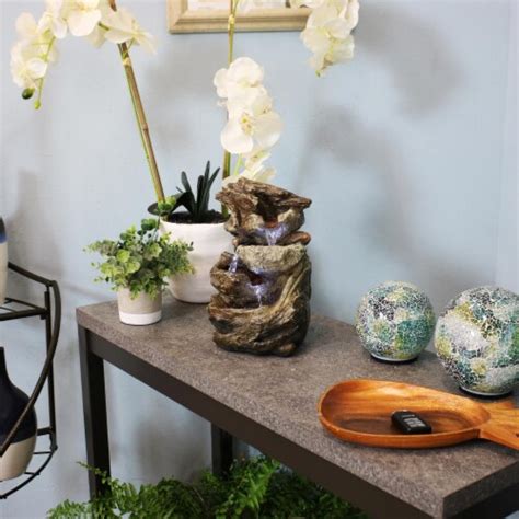 Sunnydaze Tiered Rock And Log Tabletop Fountain Feature With Led Lights