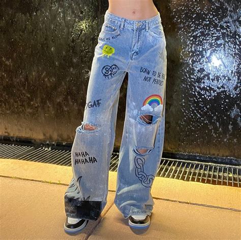 Custom Hand Painted Jeans Vintage High Waist With Ripped Knee Etsy