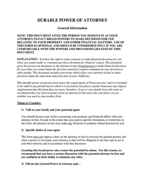 Printable Power Of Attorney Form Tennessee