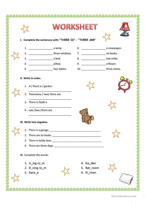A worksheet to practice there is, there are there isn't and there aren't, and some vocabulary related to the furniture and the food. there is - there are worksheet - Free ESL printable ...