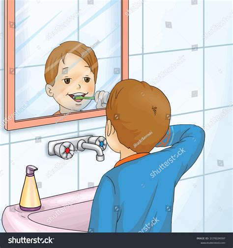 Little Boy Brushing His Teeth Bathroom Stock Vector Royalty Free