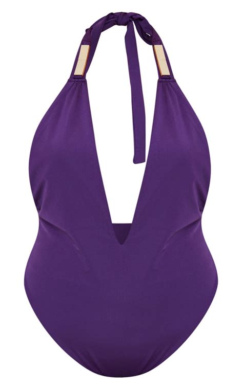 Plus Purple Metal Trim Halterneck Swimsuit Prettylittlething Usa