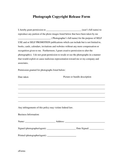 If you're unavailable for the new date, the deposit is usually forfeited, just as and speaking of food, are the bride and groom expected to include the photographer in the headcount for the caterer? Free Generic Photo Copyright Release Form - PDF | eForms - Free Fillable Forms | Photography ...