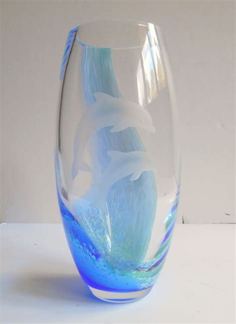 lenox etched dolphin design  crystal vase clear blue