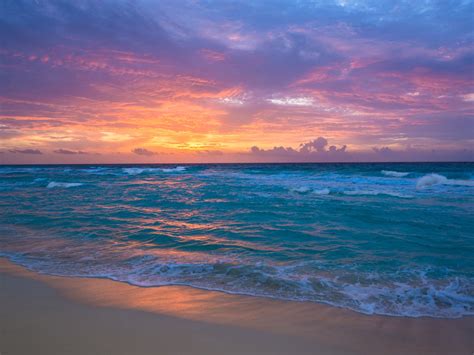 Wallpaper Seaside Dawn Sea Waves Sand Sky Clouds