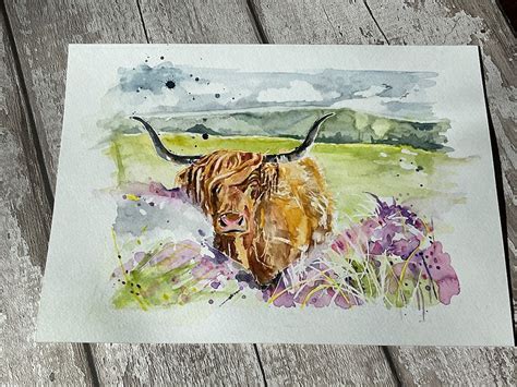 Original Art Highland Cow Watercolour Including Frame T Etsy