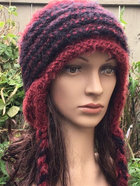 Hand Knit Winter Hat Burgundy And Black Knit Hat Winter Hat Etsy