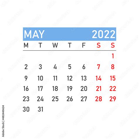 May 2022 Calendar May 2022 Calendar Vector Illustration Wall Desk
