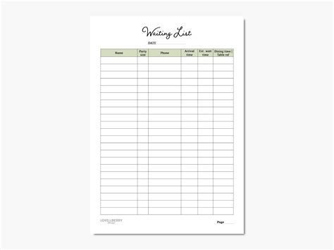 Waiting List Digital Download PDF Printable A4, A5, Letter Table Wait