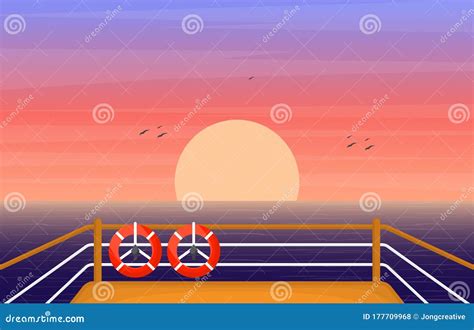 Sunset Sunrise Sea Ocean Landscape View On Cruise Ship Deck Illustration Stock Vector