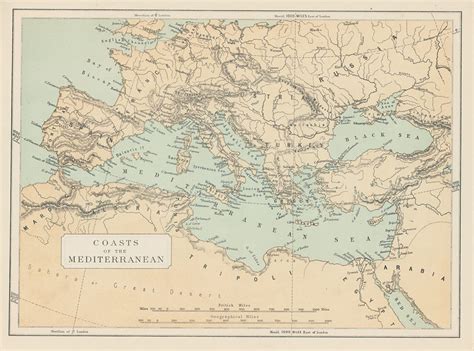 Old And Antique Prints And Maps Mediterranean Sea C1880 Europe