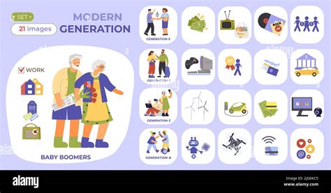 Generation Composition Set With Flat Isolated Icons Of Different
