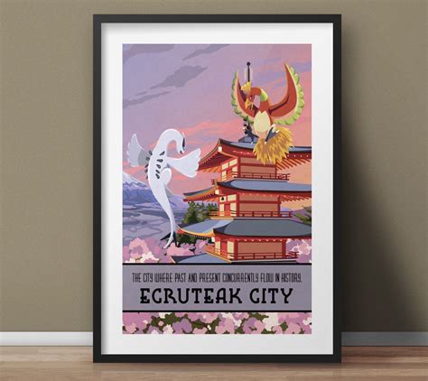 Pokémon Ecruteak City Johto Region Poster Handmade Canvas Print Ho Oh