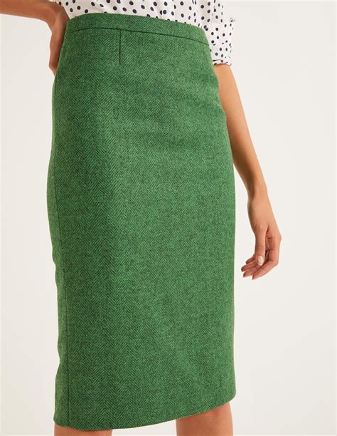 British Tweed Pencil Skirt Green Herringbone Boden Uk