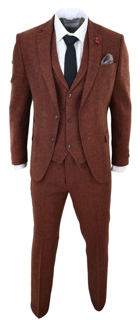 Pre Owned Truclothing Mens 3 Piece Tweed Suit Herringbone Wool Vintage