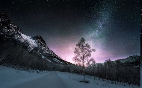 Nature Landscape Long Exposure Winter Road Norway Starry Night