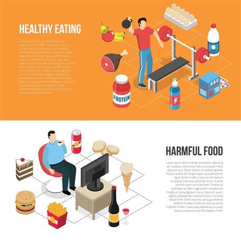Healthy Unhealthy Lifestyles Isometric Banners Vector Illustration