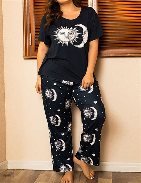 Sun And Moon Printed Cotton Plus Size Womens Pajamas Set Vianahos