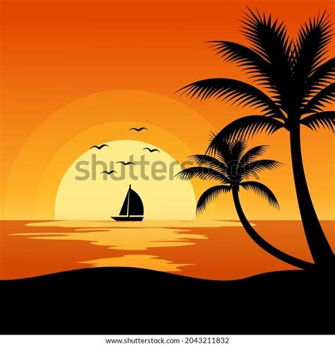 Beach Sunset Background Sailing Boat Sunset Stock Vector Royalty Free