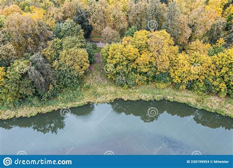Autumn Park Trees With Colorful Fall Foliage On Riverbank Aerial View