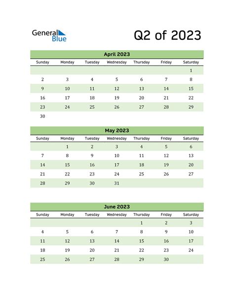 Q2 2023 Quarterly Calendar Pdf Word Excel