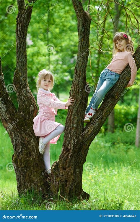 Little Girls Climbing To The Tree Royalty Free Stock Image