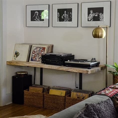 Music Nook With Live Edge Table To Hold Record Player And Vinyl