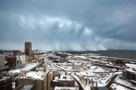 Storm Clouds And Snow Blows Off Lake Erie In Buffalo New York