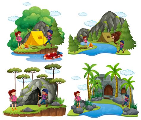 Four Scenes Of People Camping At Different Places 374248 Vector Art At