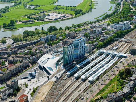 Aerial View Railway Station Arnhem Centraal With The Buildings Rhine