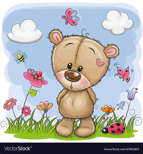 Cute Cartoon Teddy Bear On A Meadow Royalty Free Vector Cute Cartoon