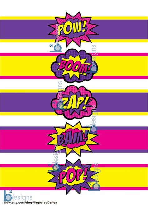 Superhero Waterbottle Labels Pow Boom Zap Pop Bam Pc Superhero Labels
