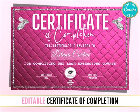 Certificate Of Completion Edit And Print Yourself Certification Beauty Class Pink Certificate