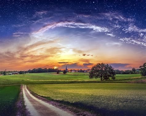 Wallpaper Countryside Fields Village Trees Clouds Sky Stars