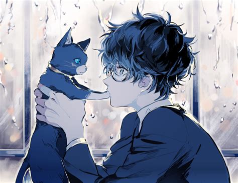 Hd Wallpaper Persona 5 Kurusu Akira Anime Boy Cat Glasses Profile