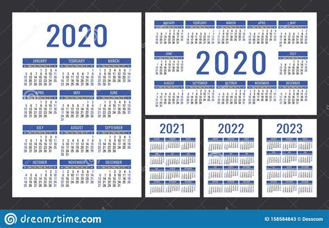 Calendar 2020 2021 2022 And 2023 English Color Vector Set Vertical