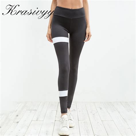krasivyy new ladies black and white striped patchwork leggings women fashion slim legging push