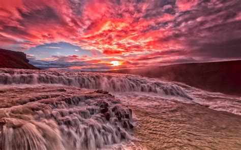 Beautiful Sunset River Rapids Stream Clouds Glow Red Sky