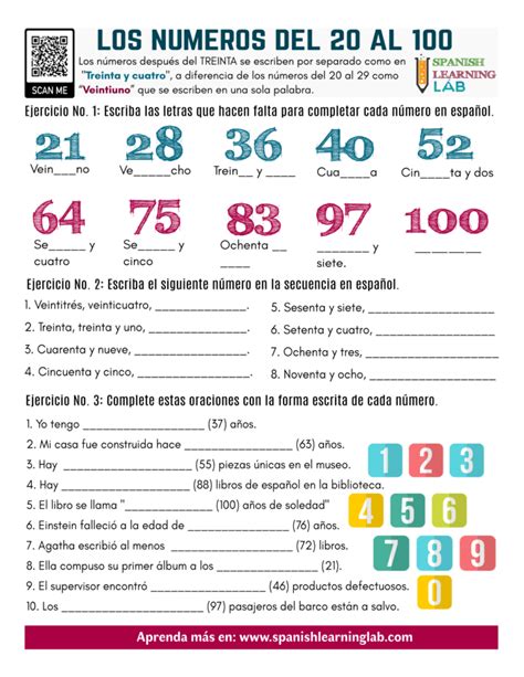 Los Números Del 20 Al 100 Ejercicios En Pdf Spanishlearninglab