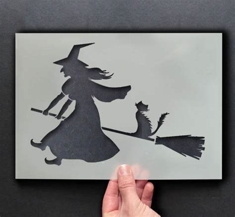Witch On Broomstick Stencil Halloween Holiday Decor Stencil Etsy