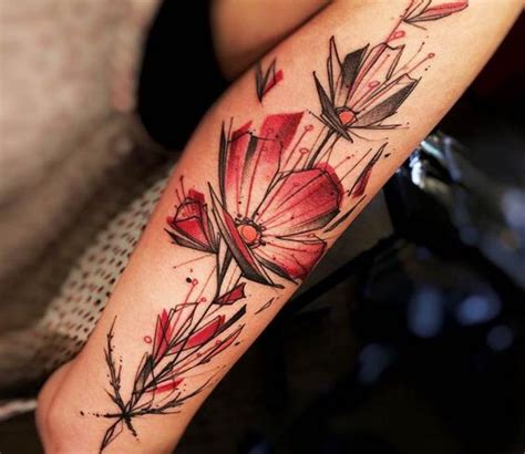 Sketchy Red Watercolor Shin Tattoo Amazing Tattoo Ideas