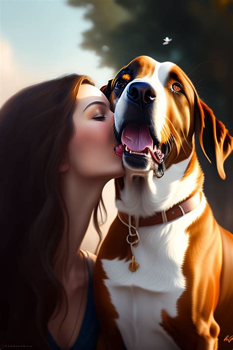 Lexica A Detailed Picture Of A Dog Licking A Cute Calm Girl Touch