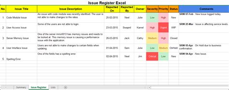 Issue Register Excel Template Excel Templates Project Management