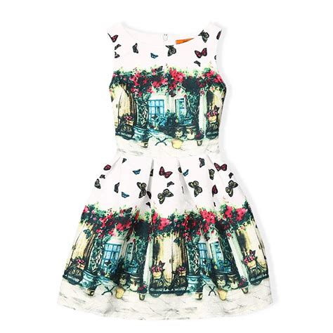 2018 Girls Dress Summer Butterfly Floral Print Teenagers Dresses For