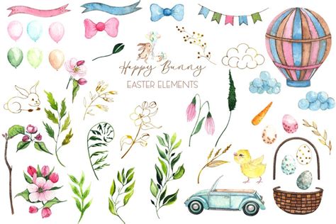Watercolor Easter Bunnies Clipart Easter Elements And Etsy