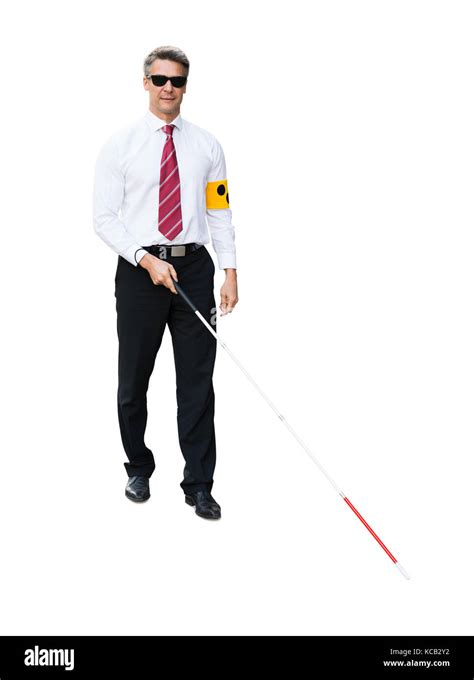 Portrait Of A Blind Man Wearing Yellow Arm Band And White Stick On
