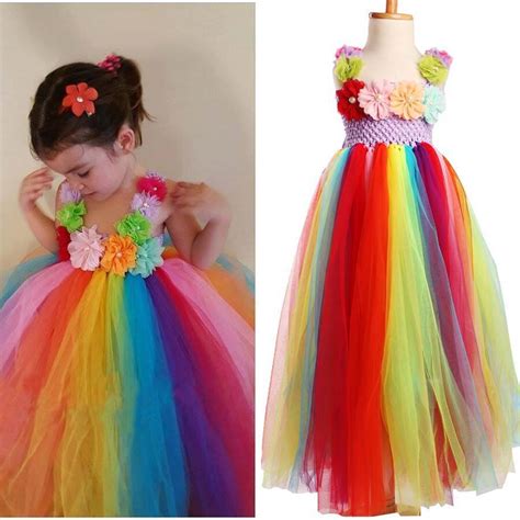 Girls Full And Fluffy Birthday Rainbow Tutu Dress Handmade Flowers Summer