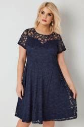 Navy Lace Skater Dress With Sweetheart Bust Plus Size To